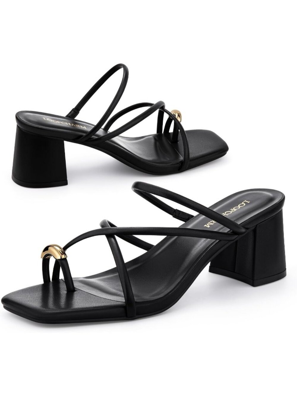 Women's Black Faux Leather Mules Square Toe Ring Strappy Chunky Block Heels